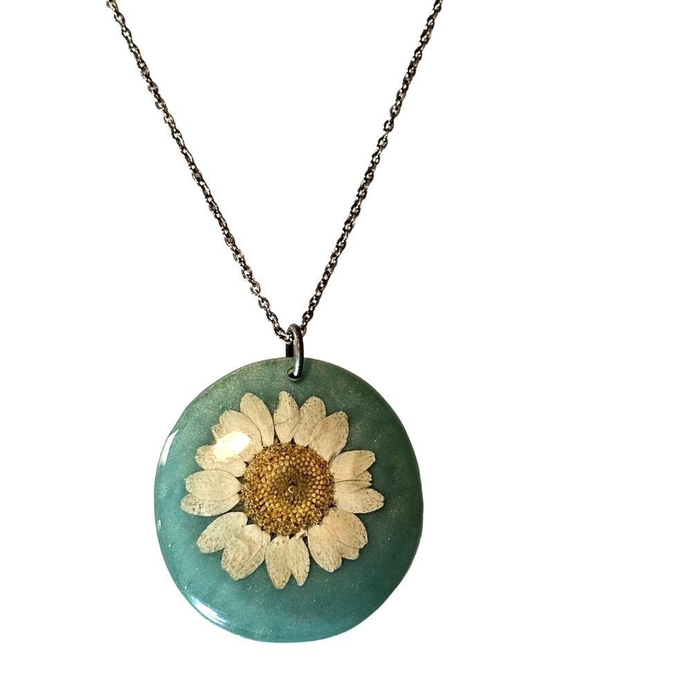Turquoise Pressed Daisy Pendant Necklace on Chain